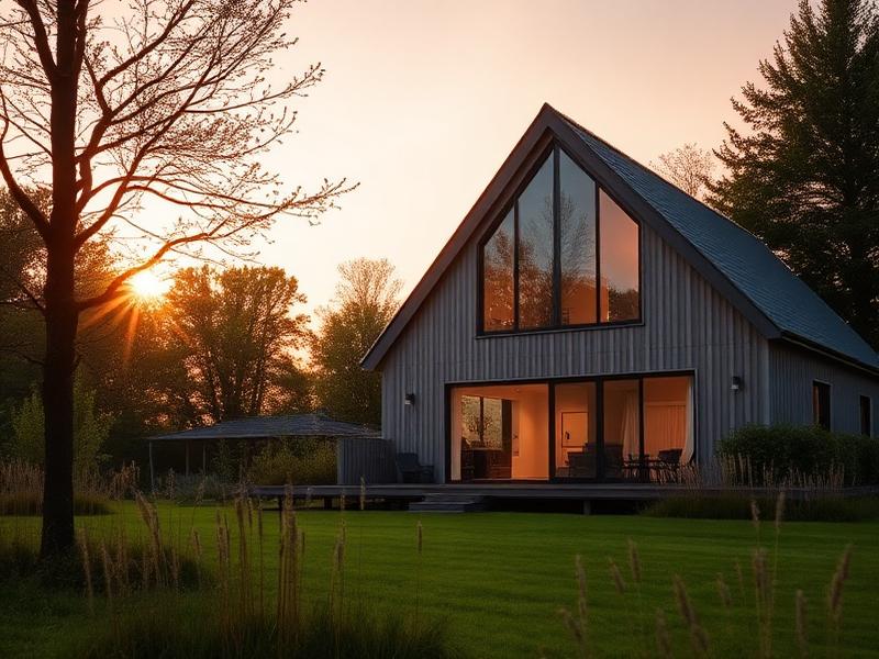 Modern vakantiehuis in de natuur bij zonsondergang
